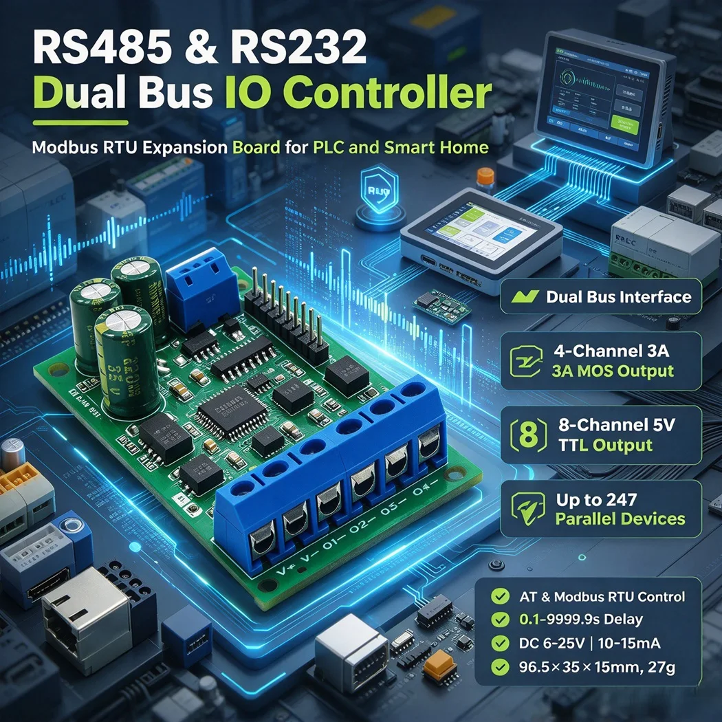 2pcs RS485 RS232 IO Expansion Board DC6-25V AT & Modbus RTU 4CH MOS 8CH TTL Output PLC Smart Home Controller
