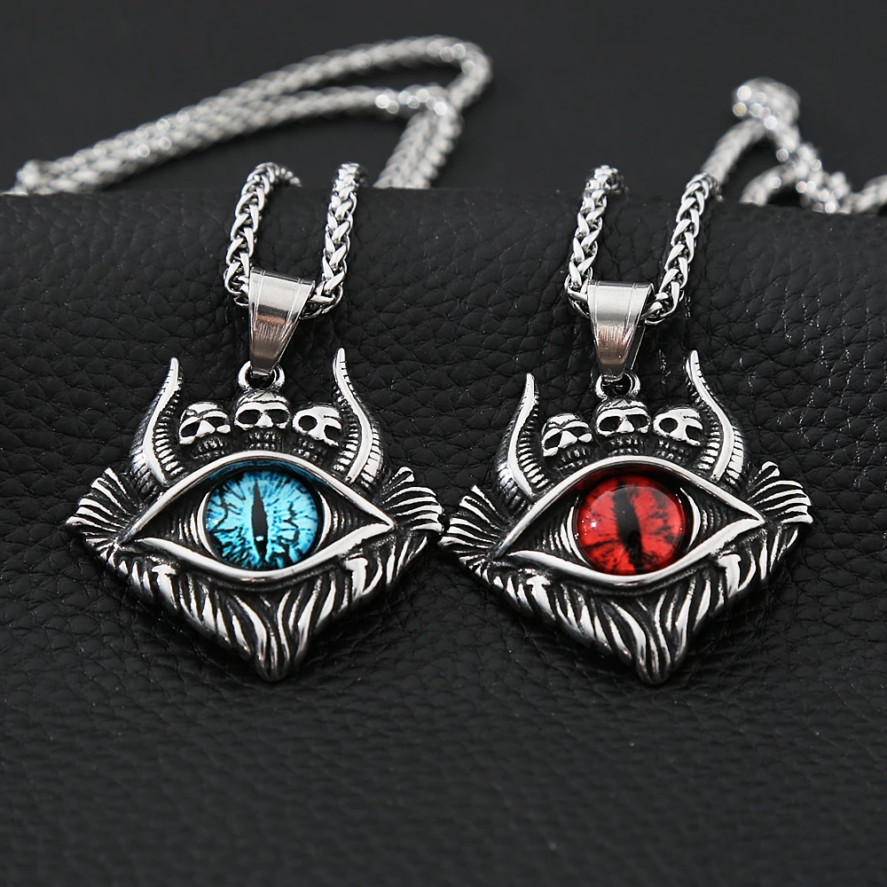 Retro Skull Demon Eye Necklace Pendant Punk Street Biker Stainless Steel Eye of Hell Necklaces Fashion Mens Chain Jewelry Gifts