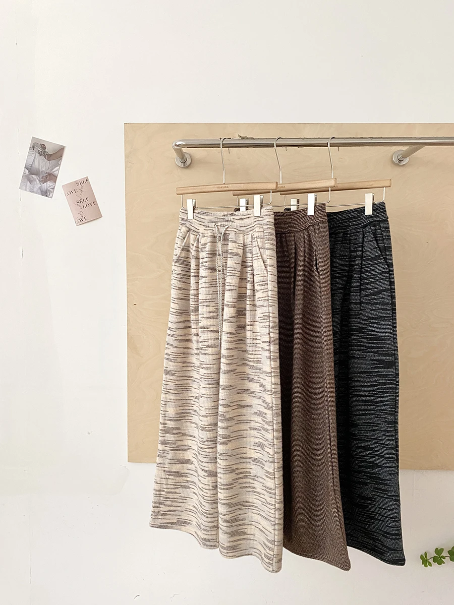 

Retro High Waist Striped Wide Leg Pants Women's Autumn Winter Loose Straight Cut Fleece Lined Casual Long Trousers