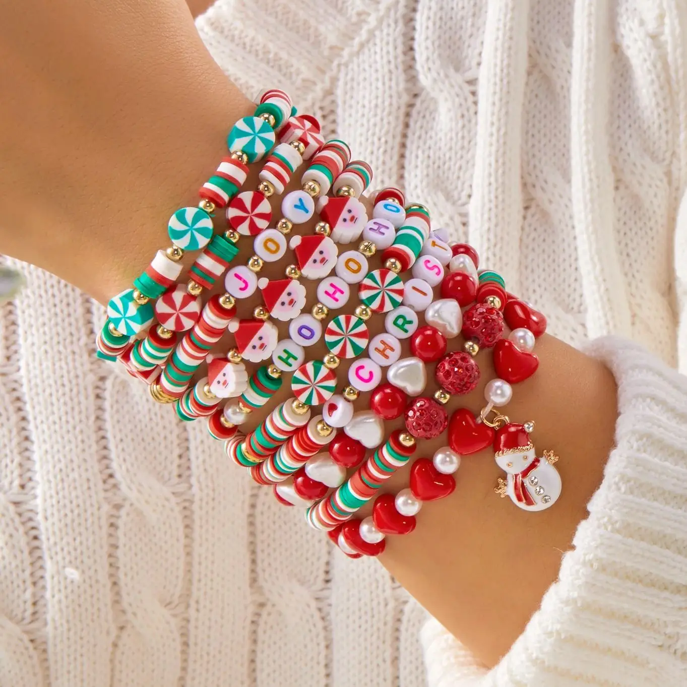 

10Pcs Colorful Soft Clay Beads Christmas Bracelets Set for Women Santa Claus Xmas Tree Snowflake Stackable Bracelets Jewelry