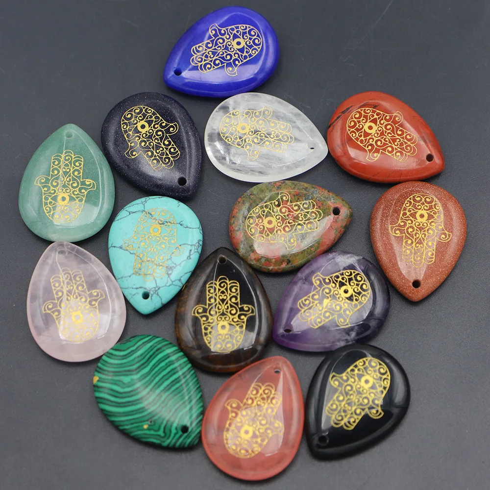 33x25mm Reiki Healing Gem Natural Stone Pendants Charm Water Drop Fatima Pattern Yang Ren Palm Eyes Hand Energy Jewelry Making