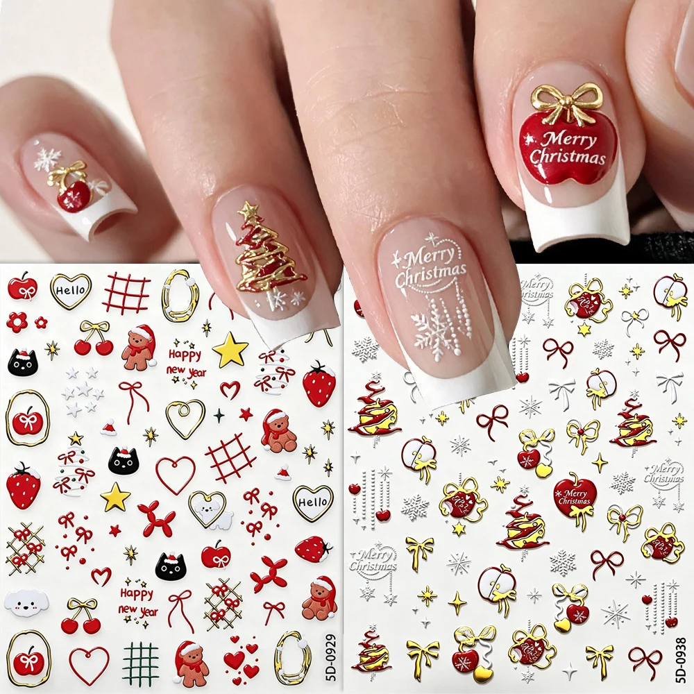 2pcs Christmas Gold Ribbon Apple Nail Stickers Tasseled Snowflake Teddy Bear Nail Art Decals Bow Christmas Tree Manicure Sliders