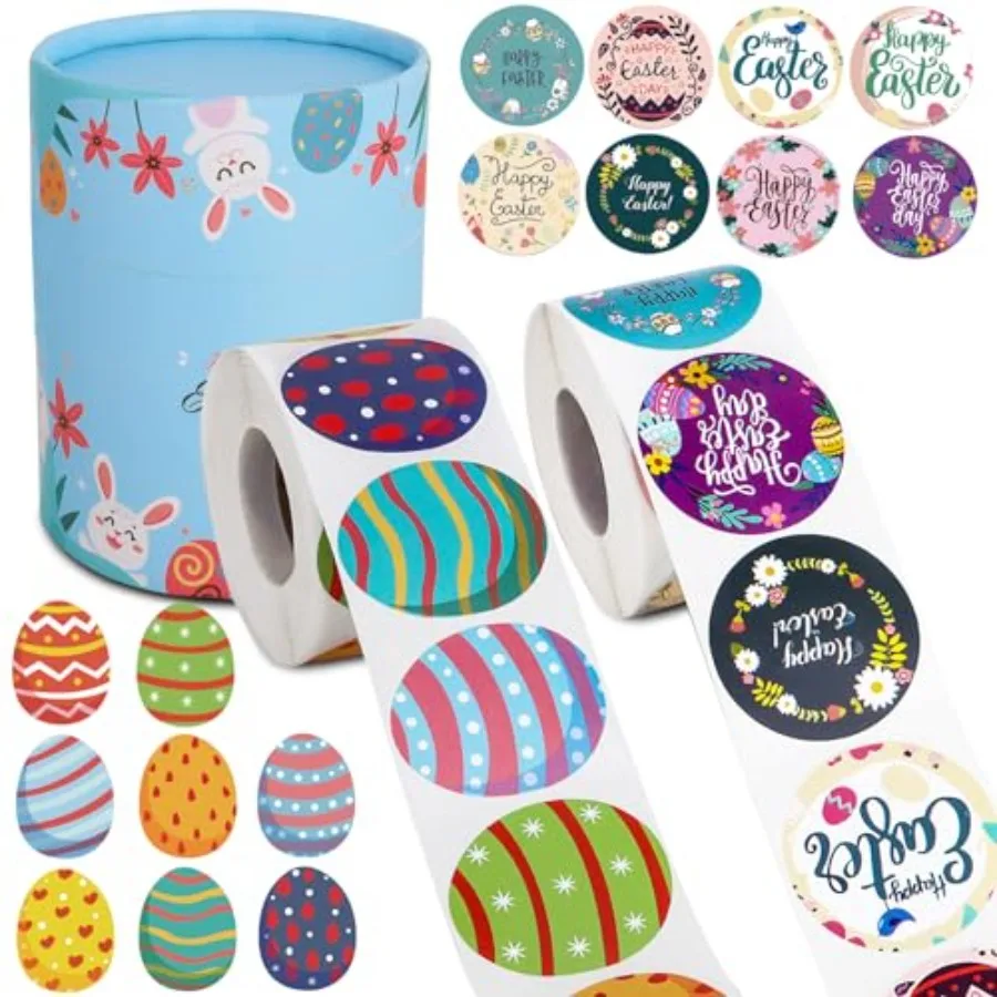 

Easter Stickers Bulk 1000PCS 1.5 Ih Egg Stickers Bunny Stickers with 16 Designs Round Roll Self Adhesive Easter Decals Happy Ea