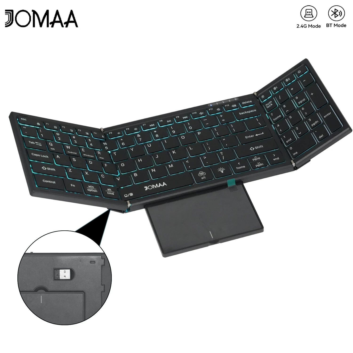 Portable Bluetooth Dual Mode Wireless Touchpad Keyboard with RGB Backlit,98Keys Foldable Office Keyboard for PC/Laptop/Mac-Black