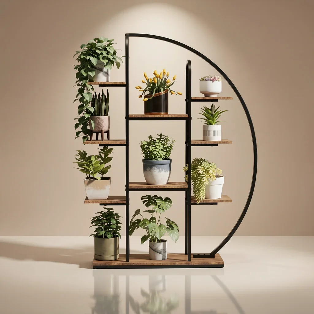 Tall Metal Plant Stand with Grow Light, 9-Tier Moon-Shaped LED Flower Rack, Multi-layer Display Holder for Living Room Balcony
