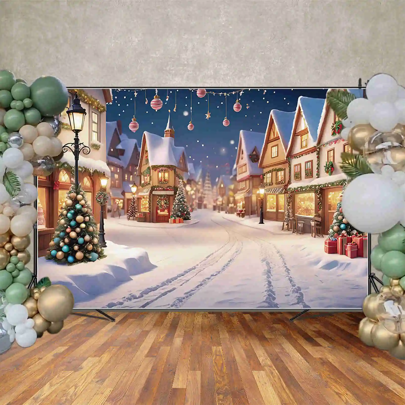 MOON.QG 2024 Christmas Winter Village Street Photography Backdrop Child Xmas New Year Photo Background Studio Photobooth Props