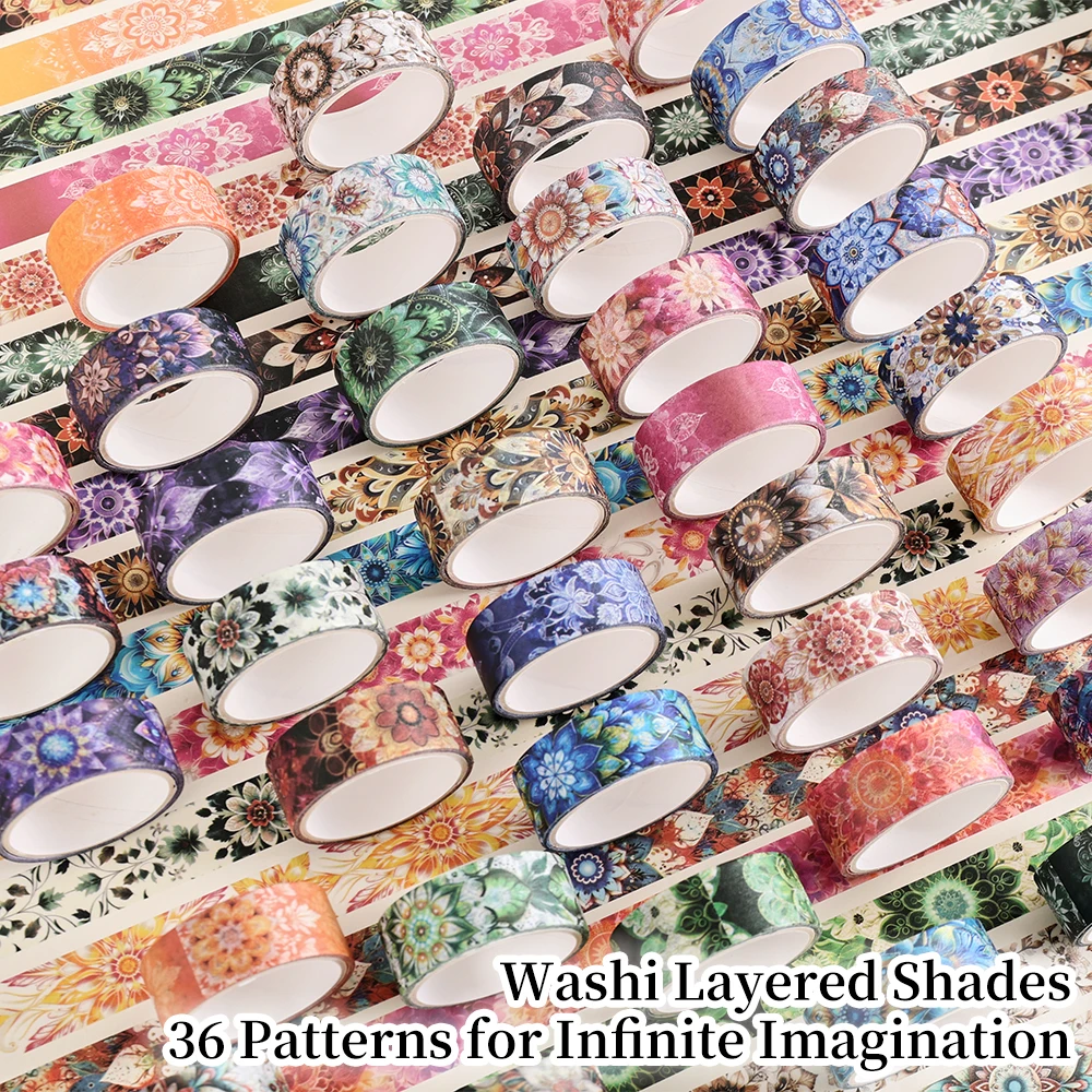 36 ロールヴィンテージマンダラ和紙テープカラフルなマンダラ花柄スクラップブッキングステッカーテープジャーナリングクラフト学校用
