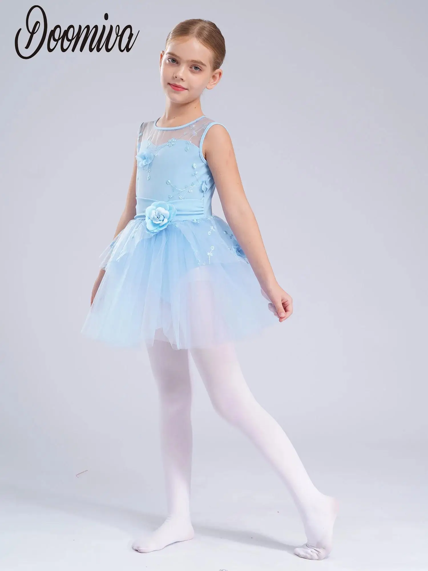 

Girls Tutu Ballet Dance Tulle Dress Ballerina Stage Performance Costume Leotards Sleeveless V-Back Applique Embroidered Dress