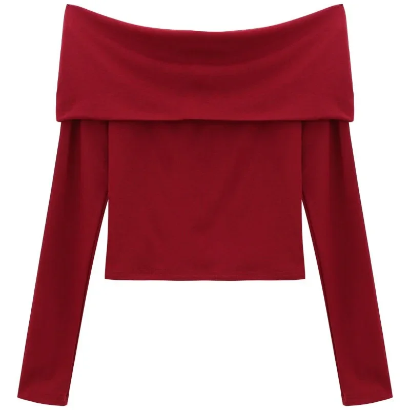 Vintage Red Long Sleeve T-shirts Women Slash Neck Slim   Short Basic Sexy Pleated Hot Chic Streetwear All-match Mujer