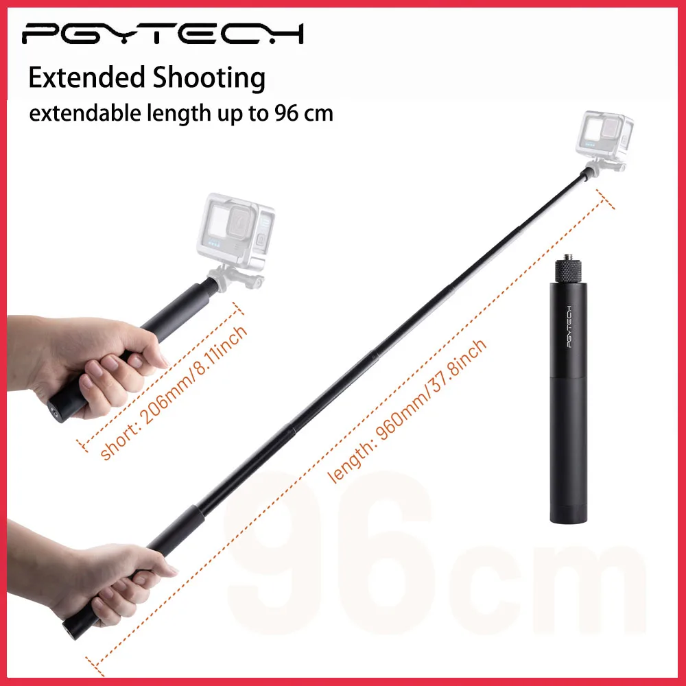 PGYTECH 96cm Extendable Selfie Stick Motorcycle Mounts Standard 1/4 Interface Aluminum Alloy For Insta360 Action Cameras