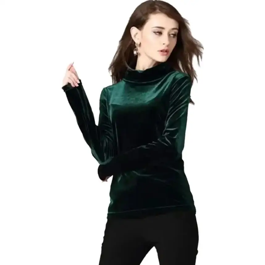 Blusa Feminina de Veludo Gola Alta Outono Inverno Primavera, Camisa de Veludo, Coleção de Inverno 2026, Camisas Plus Size