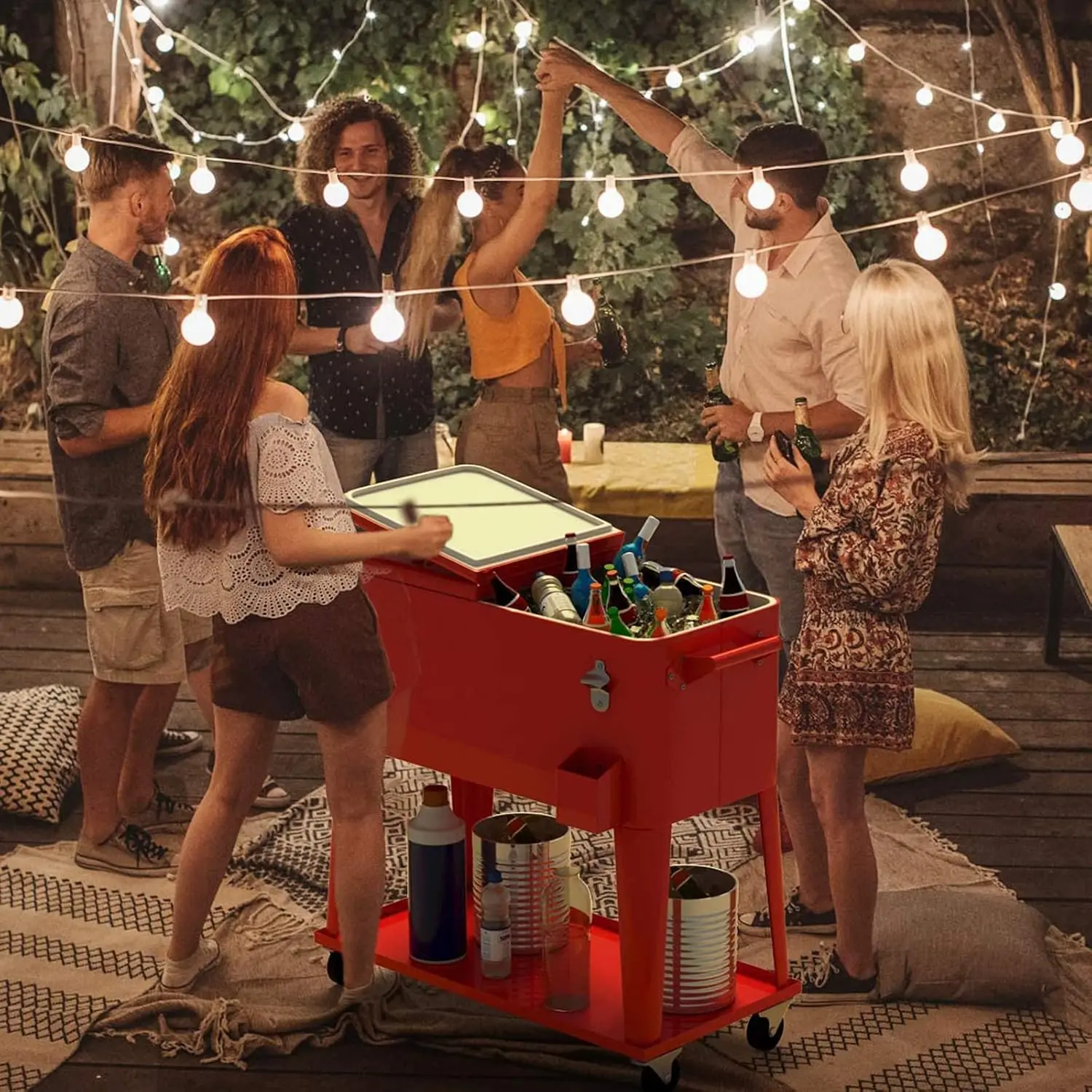 80 Quart Rolling Patio Ice Chest Cooler Cart with Bottom Storage Shelf, Drain, Lockable Wheels, Bottle Opener and Cap Catcher, Outdoor Insulated Beverage Cooler for Poolside, Backyard, BBQ and Parties