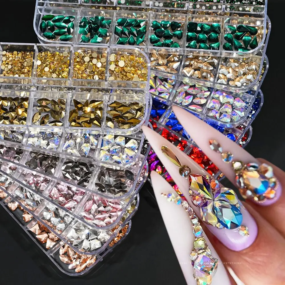 12 Grids 3D Nail Art Rhinestones Square Rhombus Five-pointed Star/Heart Diamond Nail Charms Mixed-Shapes Flat Bottom
