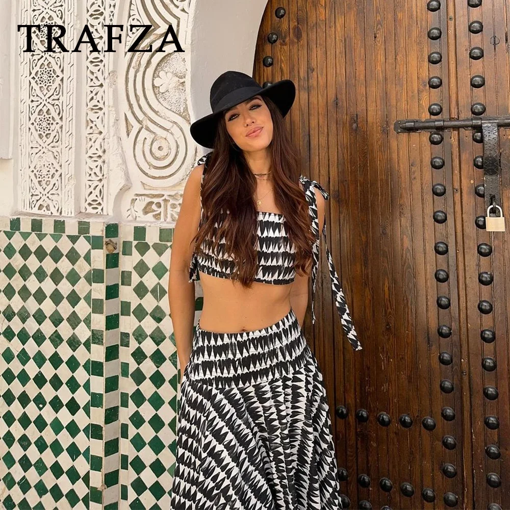 TRAFZA 2024 Spring Summer Women Print Casual Elegant Suits Fashion Strapless Sleeveless Short Tops+Chic Loose Long Skirt