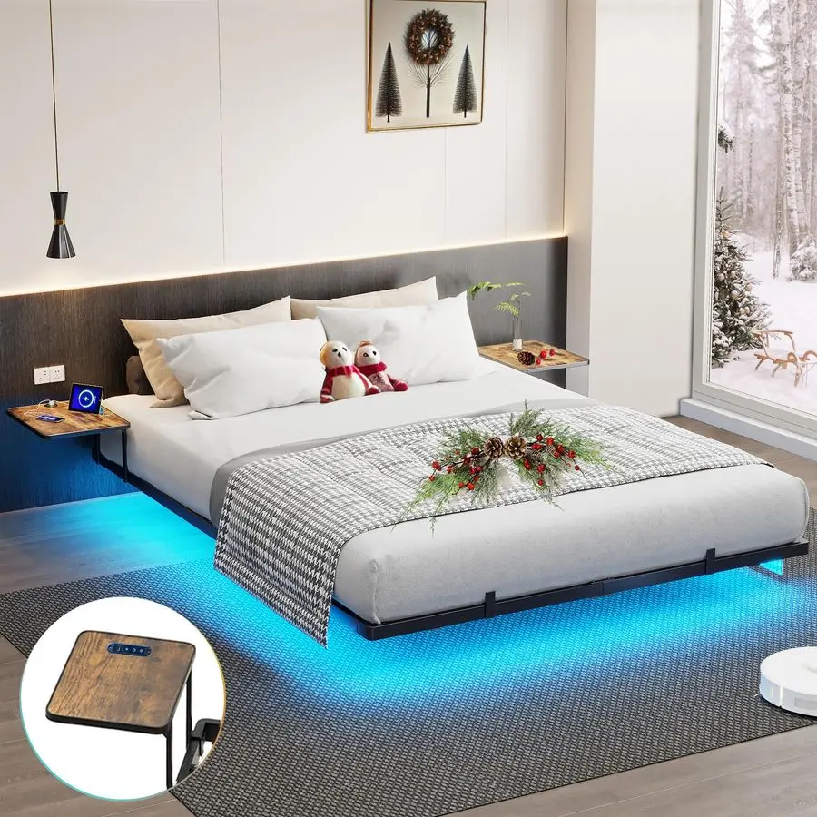 

Floating Bed Frame Queen with Bedside Tables, Charging Station and LED Lights Metal Platform U.S. Standard, Black