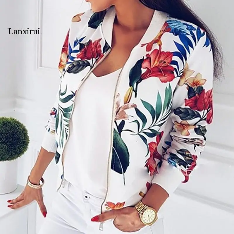 

Women Floral Jackets Spring Summer Long Sleeve Zipper Print Bomber Jacket Casual Pocket Slim Female Fashion Outwears