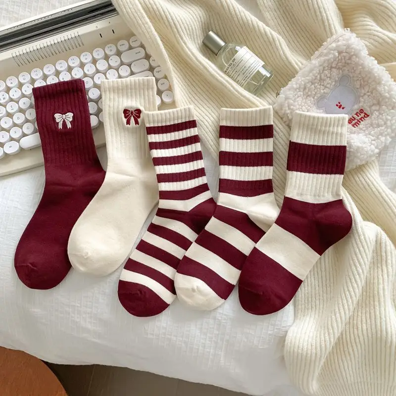 Trendy Women\'s Socks Autumn Red Girls Embroidery Bow Cute Socks Long Breathable Cotton Female Elastic Striped Socks Korean Style