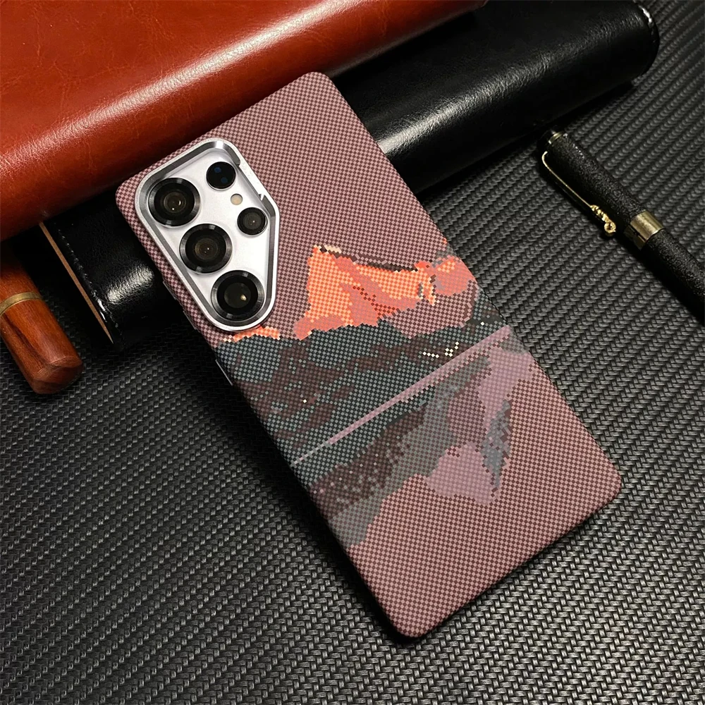 

For Samsung Galaxy S25 S24 S23 Ultra Carbon Fiber Relief Texture MagSafe Case Wireless Charging Metal Lens Frosted PC Hard Cover