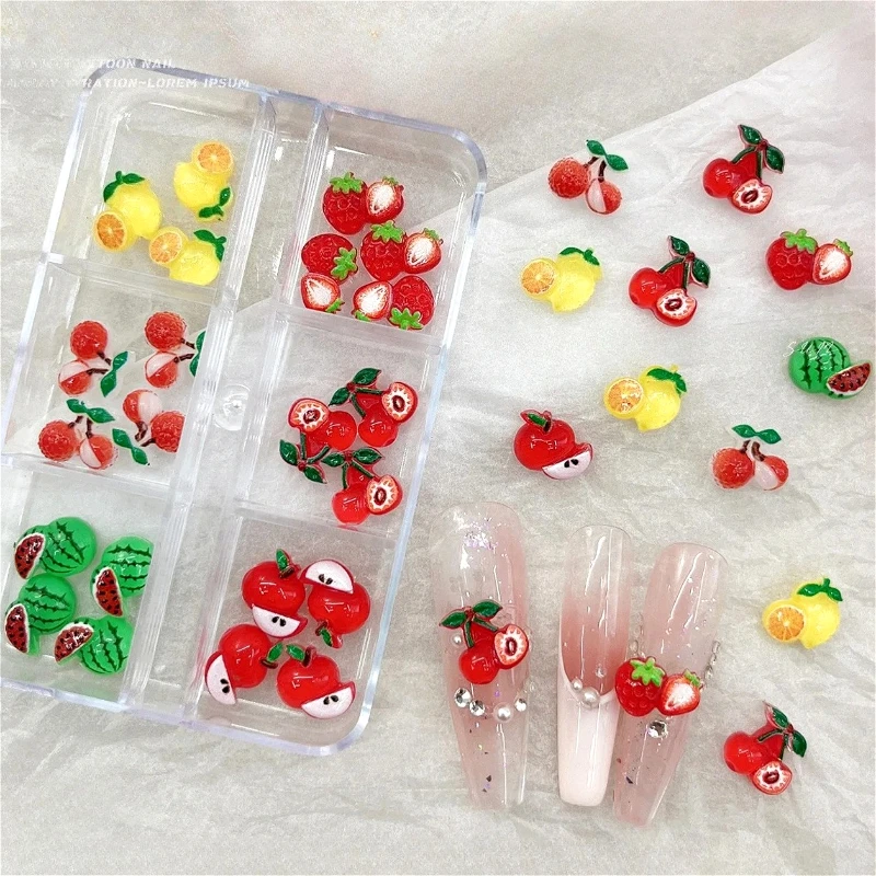 

Cute Watermelon Strawberry Apple Lychee Cherry Lemon Star Rivet Christmas Bowknot Resin Fruits Nail Art Accessories Decorations
