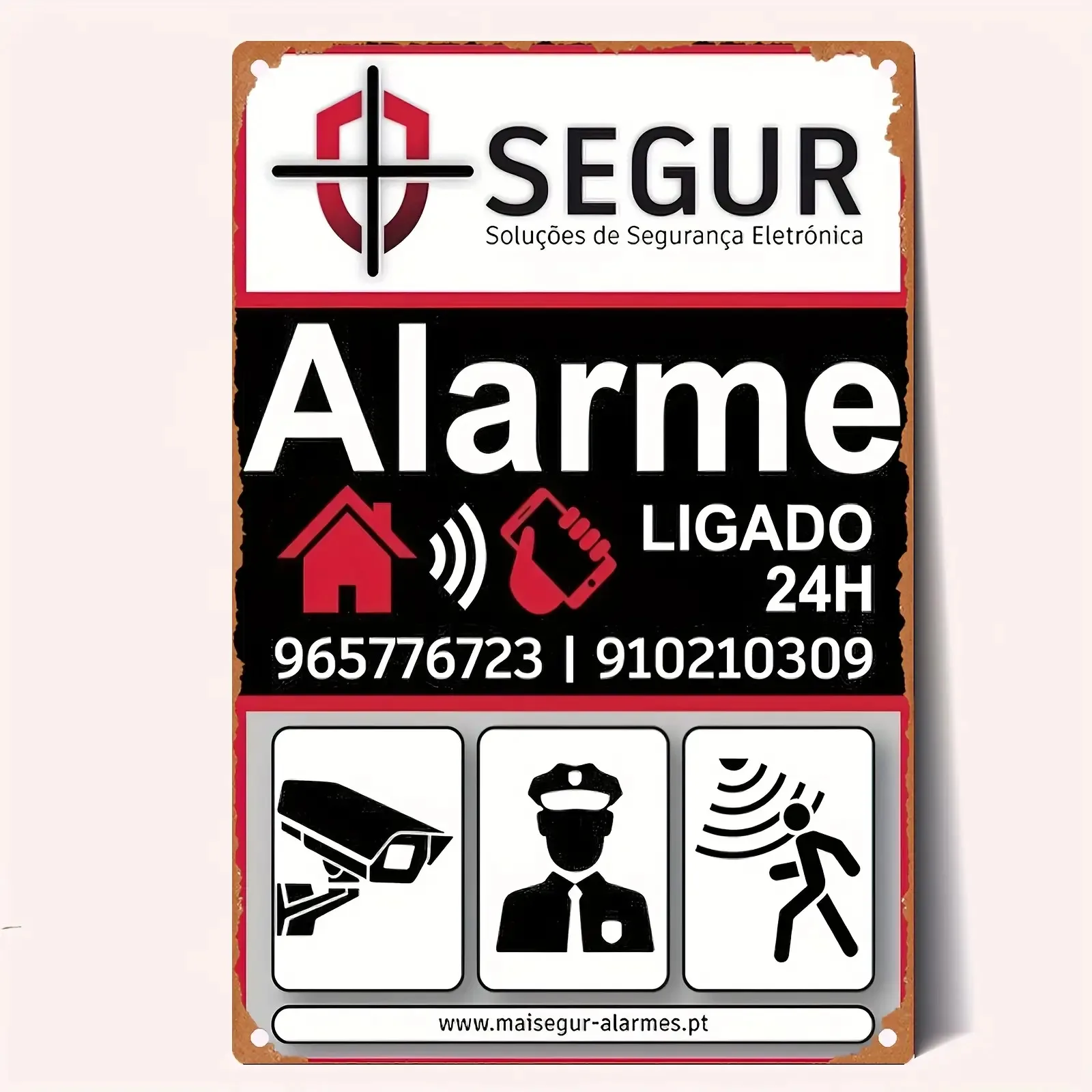SEGUR Electronic Security Alarm System Wall Plaque - Traditional European Style Tin Decorative Sign with Pre-Drilled Holes,