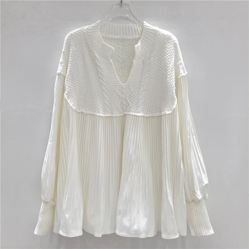 

SuperAen Retro Patchwork Knitted V-neck Pleated Design Loose Puffed Sleeve Top Women Autumn and Winter 2025 New Pullover Tops