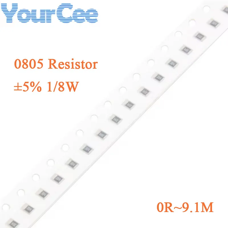 100 szt. rezystorów SMD 0805 5% 1/8W 0R~9.1M 910K 750K 680K 68R 62R 56K 2.7K 560R 510R 5.6K 4.7M 390R 360K 300K 1M omów