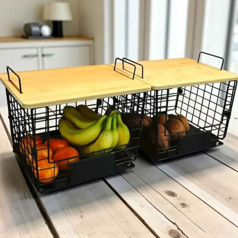

XXL Two Pack Stackable Wire Baskets Bamboo Tops Multipurpose Pantry Organizer Kitchen Storage Bins