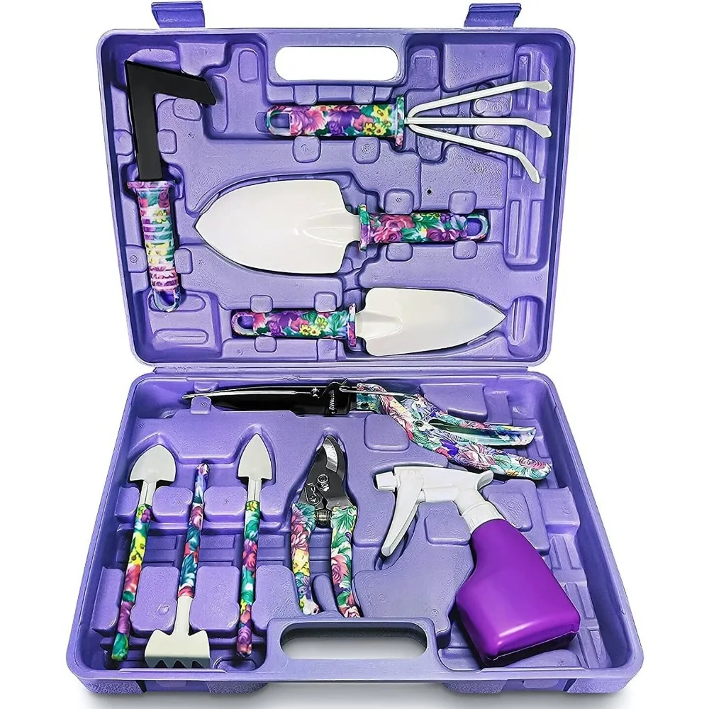 

10Pcs Gardening Tools, Purple Flower Print Garden Hand Tool Ergonomic Handle Shovel and Pruner Rake Water Sprayer , Gifts