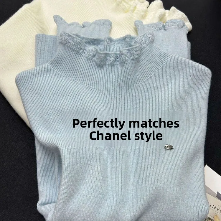 Early Autumn Soft Wind Wooden  Half High Collar Base Shirt Women's Autumn Winter New Warm Inner Knitted Top Fashionable C...