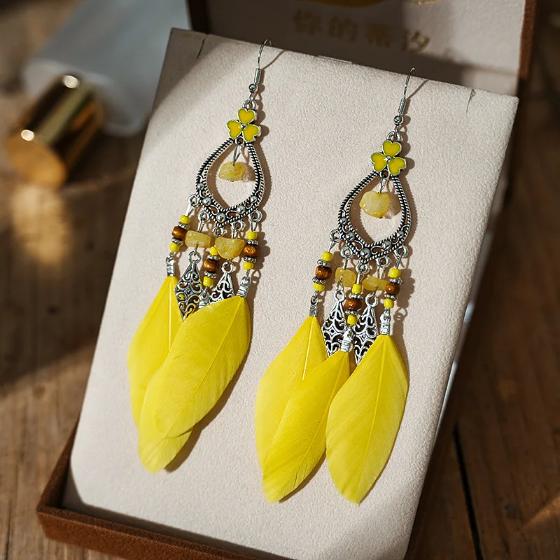 Fashion Bohemian Vacation Style Feather Earrings for Women Long Natural Stone Silver Color Metal Dangle Earring Female Jewelry