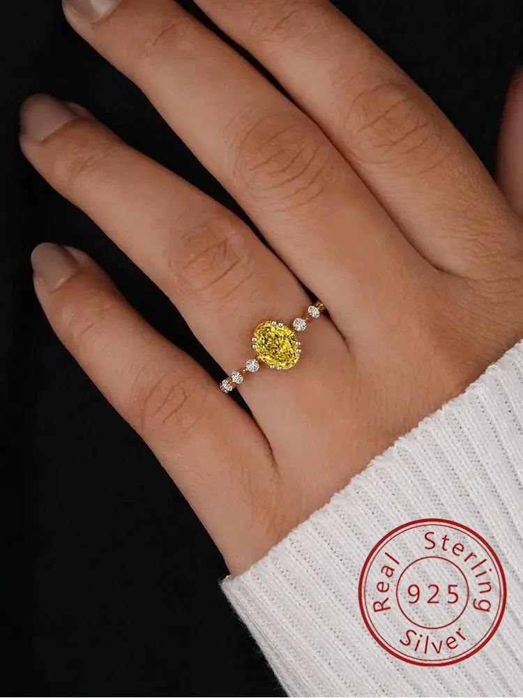 

Сверкающее классическое желтое овальное кольцо из стерлингового серебра 925 пробы с цирконом для женщин, юбилей, свадьба, повседневная одежда, роскошные ювелирные изделия