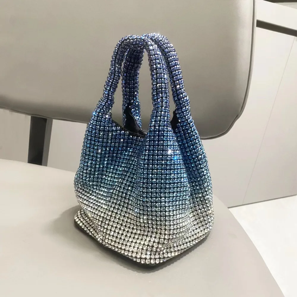 Gradient Color Full Diamond Bucket Bag for Women 2023 New Diamond Bucket Bag Rhinestone Chain Bag Hand-held Crossbody Bag