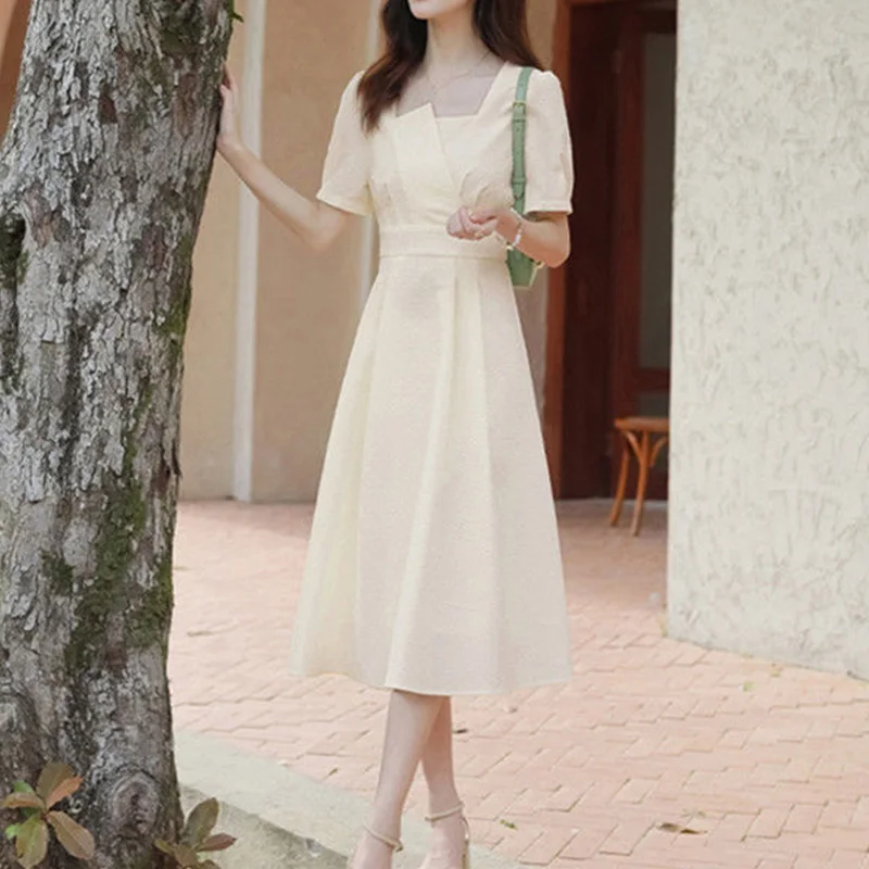 Advanced Sense Gentle Wind Fairy Dresses Summer Clothes for Women Square Collar White Short Sleeve A-line Irregular Midi Dress