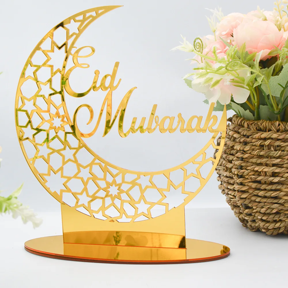 Gold Acrylic Eid Mubarak Ornaments Hollow Moon Star Desktop Decorations Ramadan Kareem Supplies Islam Muslim Festival Party Gift