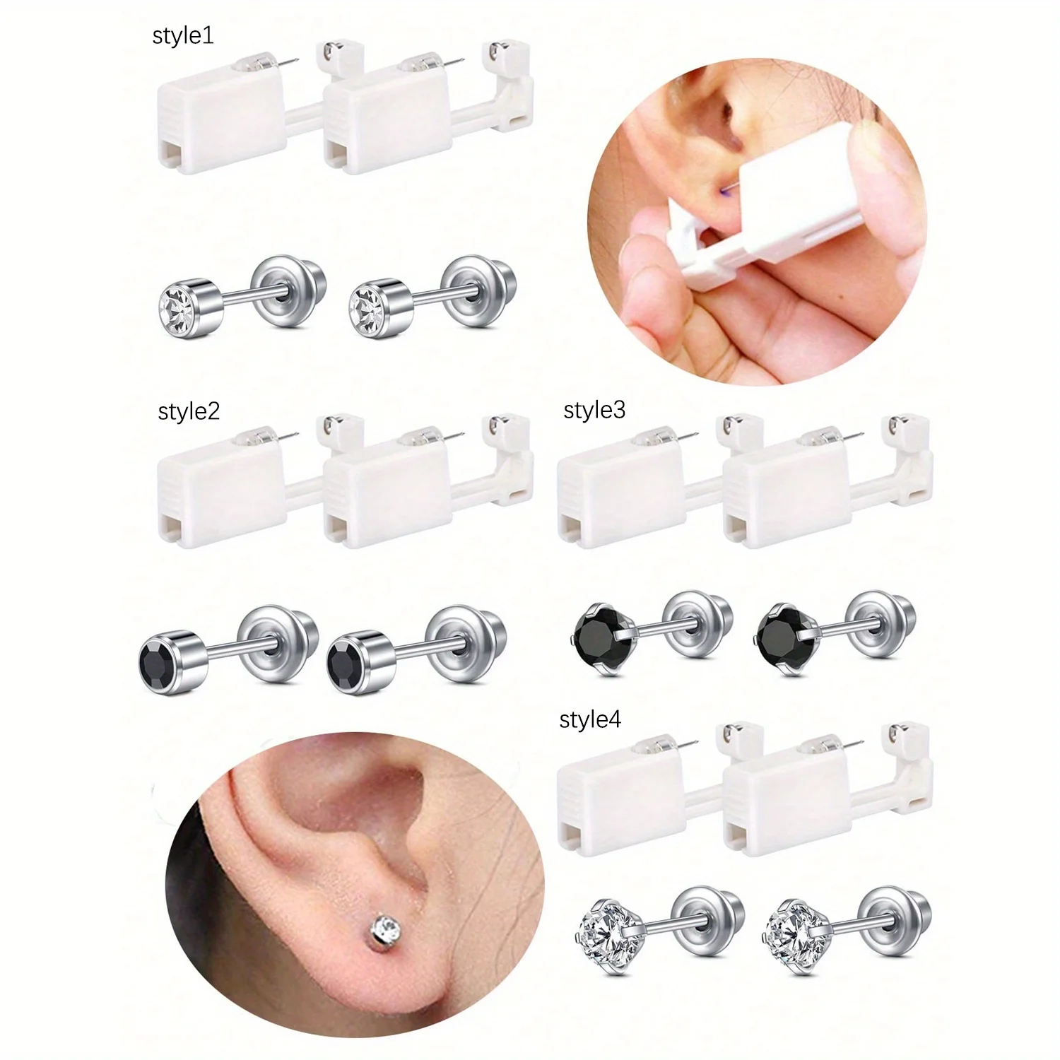 2pcs Elegant Classic Style Disposable Sterile Ear Piercing Gun Kit with Painless Tool and Cubic Zirconia Studs for Women and Men