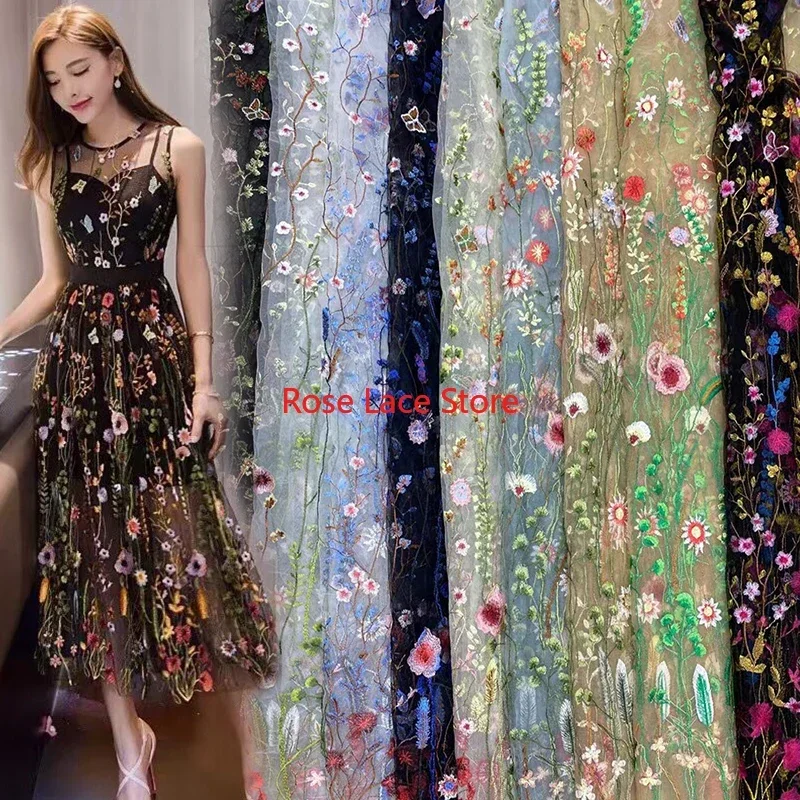 Красочная кружевная ткань с цветочной вышивкой, винтажная сетчатая тюлевая ткань с цветочным принтом для платья подружки невесты, халата для выпускного вечера, вечернего платья