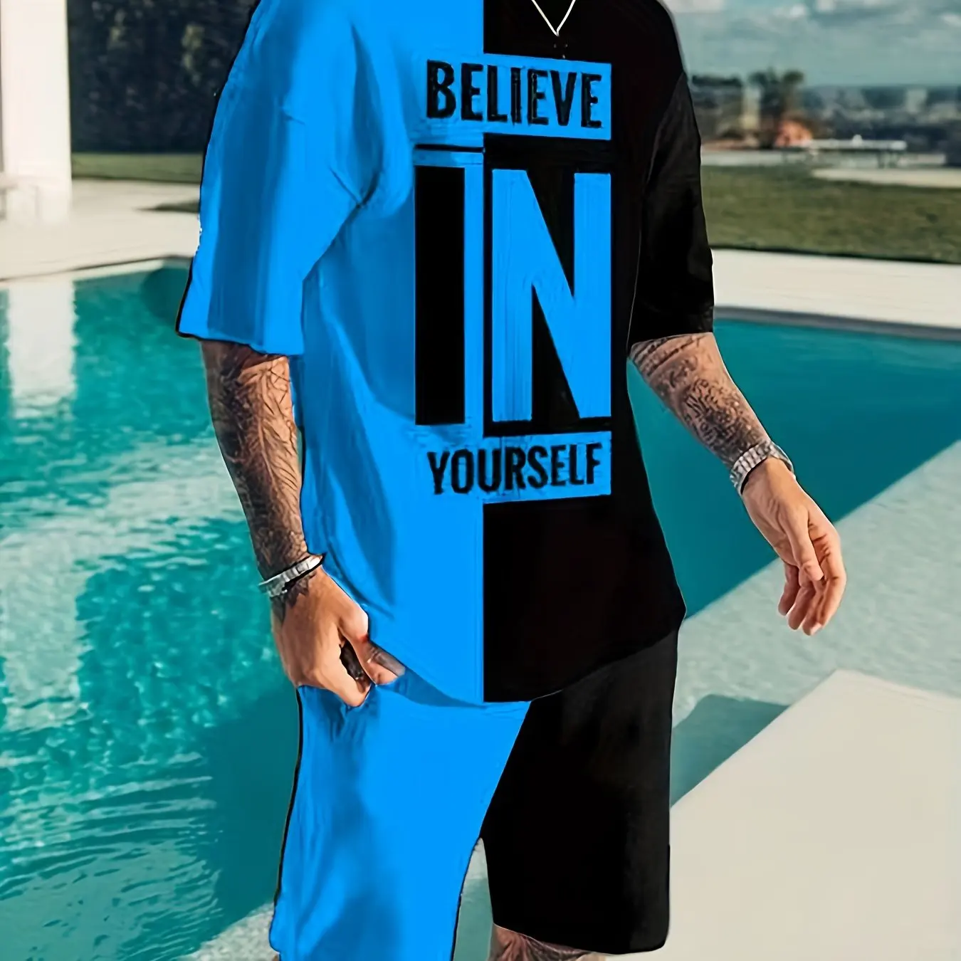 

Men's Casual Luxury T-shirt Set 3D Letters Graphic Full Printed Short Sleeve T-shirt and Shorts Set Summer Loose Men's Clothing