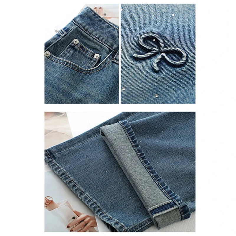 Cintura alta quente diamante jeans verão retro arco bordado perna reta calças jeans 2025 casual azul pernas largas