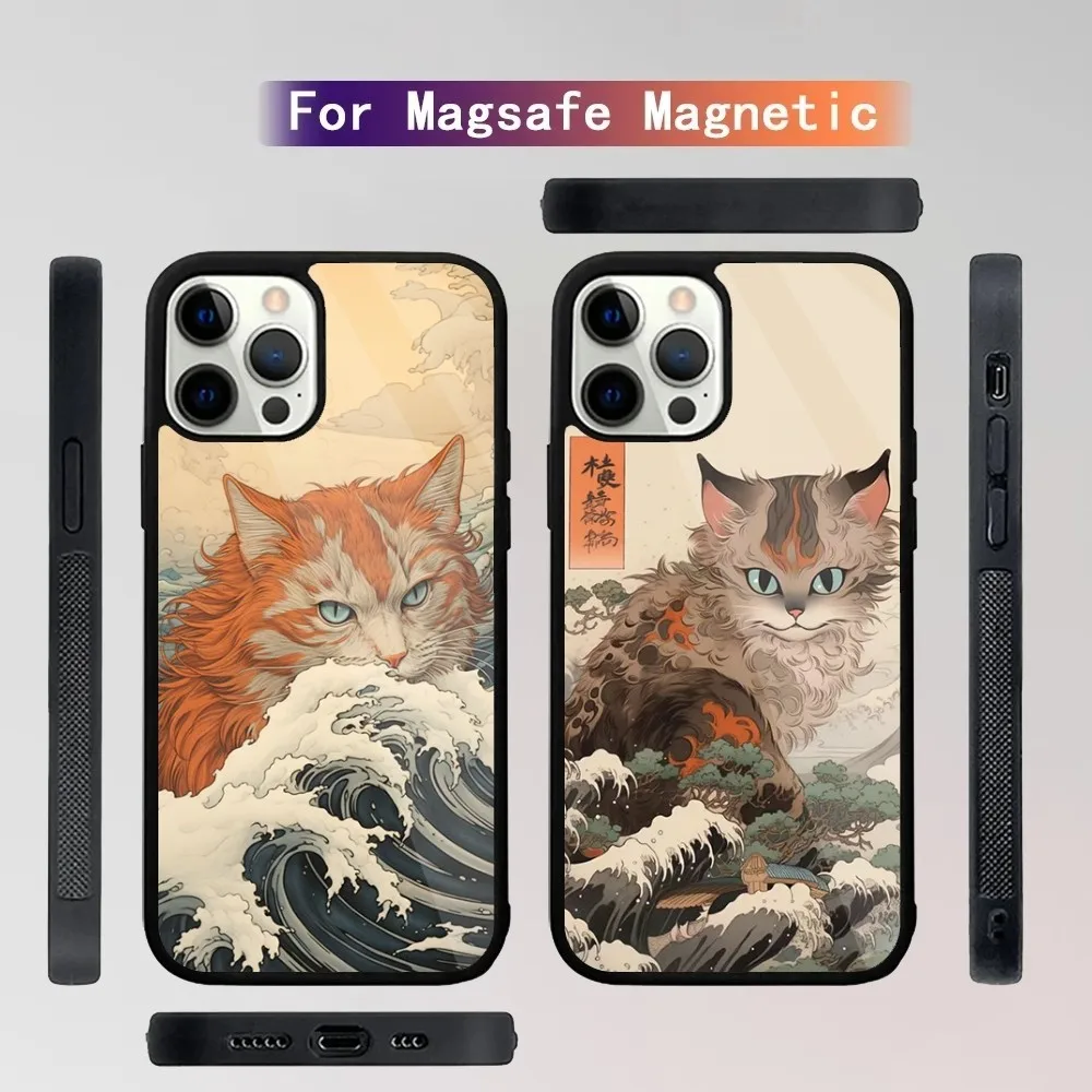 Japan The Great Wave of Kanagawa Cat  Phone Case For iPhone 15,14,13,12,11,Plus,Pro,Max Mini Magsafe Magnetic Wireless Charging