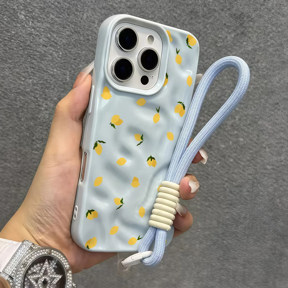Minimalistische Zitronen-Falten-Silikon-Handyhülle für iPhone 17 15 13 11 12 14 16 17 Pro Max 14 15 16 Plus 17Air mit Lanyard-Abdeckung – Detail 5