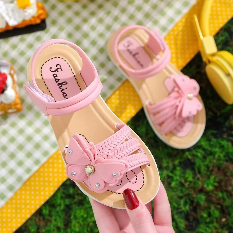 2024Girls Butterfly Hook And Loop Sandals, Wear-resistant Non-Slip Comfy Dress Shoes, Summer