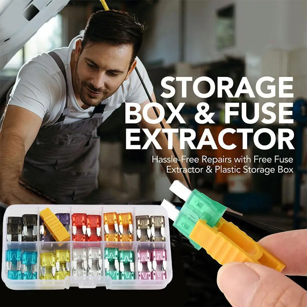 Universal Car Blade Fuse Assortment Kit Mixed Mini Small & Medium Size Automotive Fuses Color-Coded Storage Box & Puller Tool