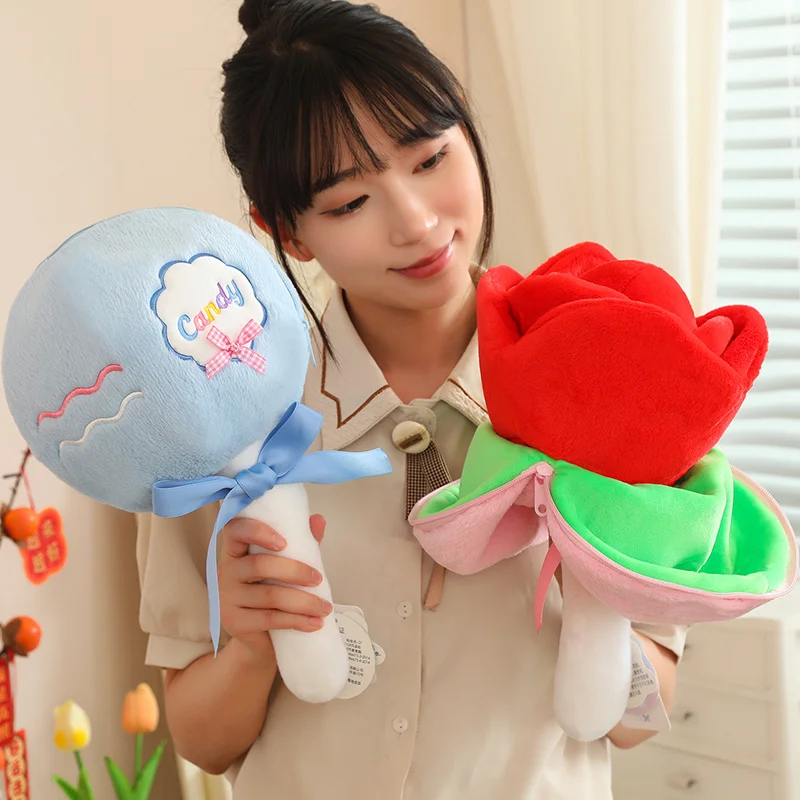 Hot Valentine's Day Roses Creative Lollipop Turn Into Bouquet Plush Toy Soft Stuffed Flower Pillow Keychain Decor for Girls Gift