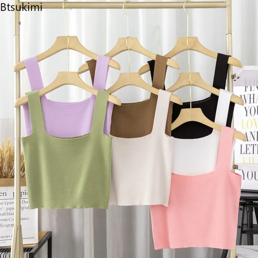 

2025 Summer Women Sexy Sleeveless Tops Fashion Short Square Collar Tank Tops Fashionable Versatile Vest 6 Colors Knitted Vest