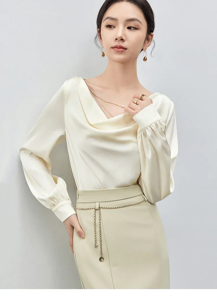 

SENTUBILA Women Swing Collar Satin Blouses 2024 Autumn Fall Fashion Woman Elegant Long Sleeve Tops with Metal Chain 143V55920