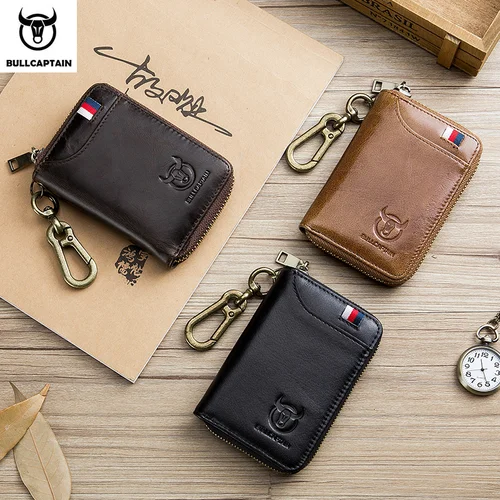 Imagen 2 del producto BULLCAPTAIN-Bolso para llaves de cuero para hombre, bolsas de almacenamiento a la moda, cubierta para coche, Mini tarjetero compacto, monedero, llavero de mayordomo para hombre