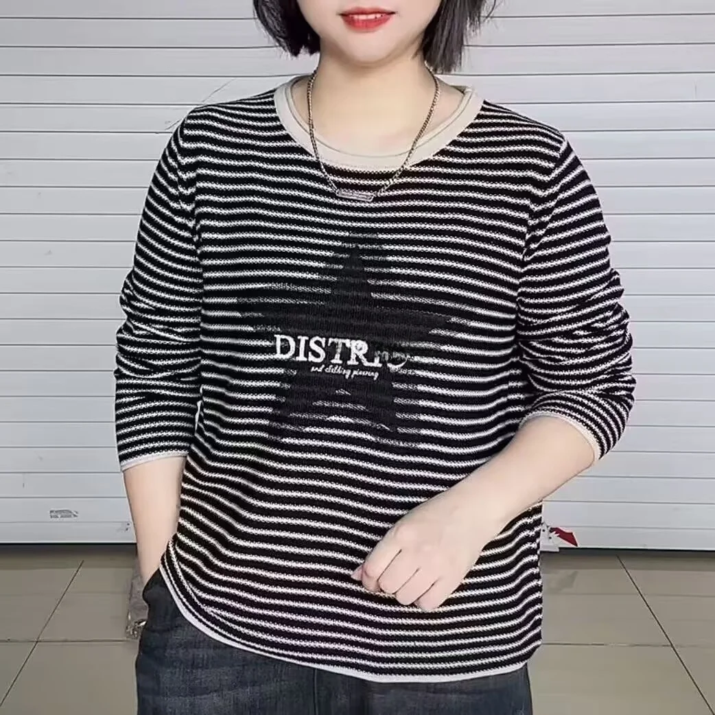 

Spring Autumn 2026 round Ne Long Sve Striped Knitwear Women Loose Casual Lazy Sle Sweater Trendy Chinese Commute Sle