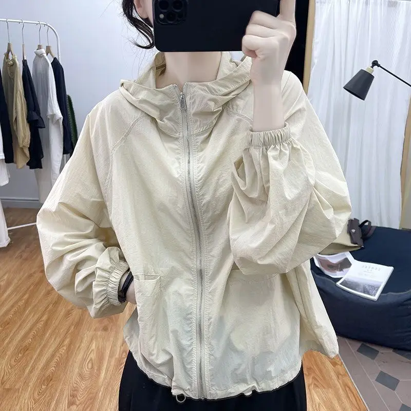 Summer New Thin Hooded Loose Cardigan Long Sleeve Solid Color All-match Youth Casual Tops Tees Fashion Vintage Women Clothing