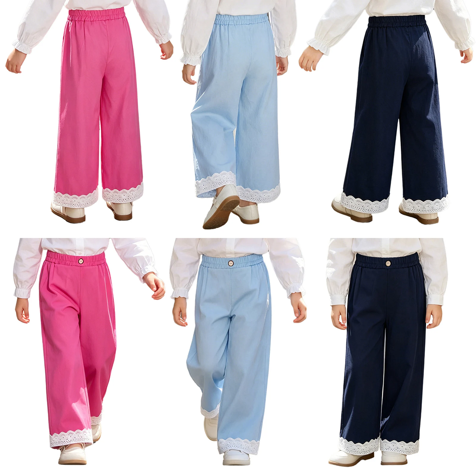 Kids Girls Fashion Lace Trim Wide-leg Pants Elastic Waistband Long Loose Legs Trousers for School Vacation Weekend Casual Outing