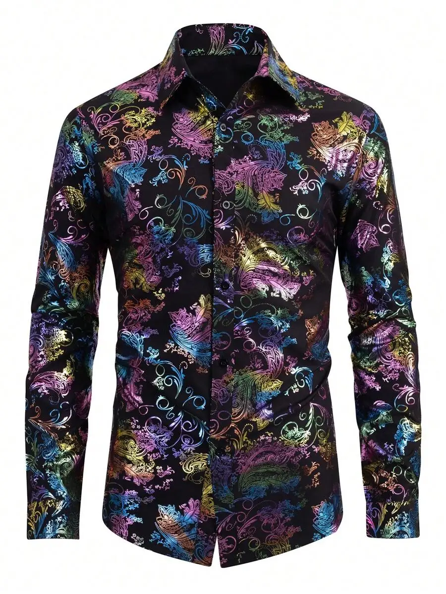 

Men's Black Long Sleeve Shirt with Vibrant Psychedelic Floral Print, Casual Fit for Fall